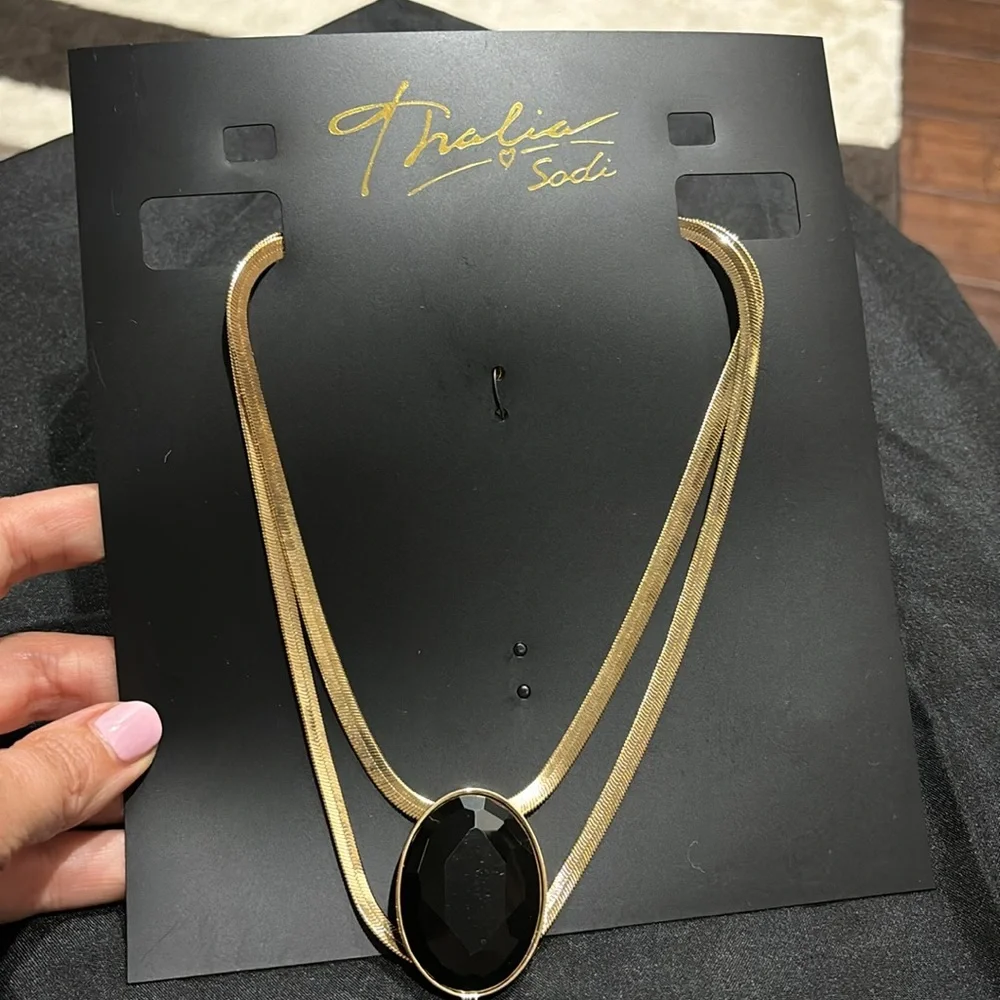Thalia Sodi Statement Necklace Women's Gold-Tone Large Black Stone Doubl…